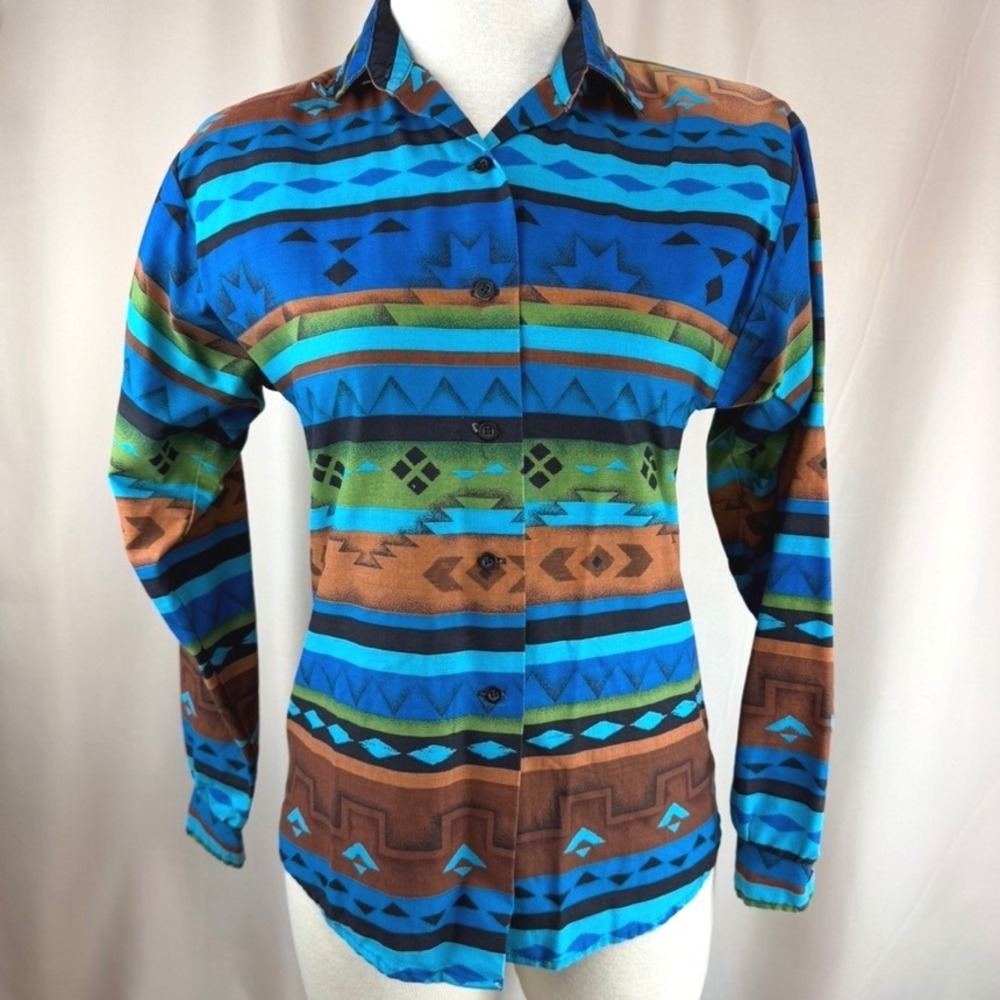 Vintage 80s ROPER Womens Western Shirt|S|Southwestern Aztec Blue Brown Back Cape